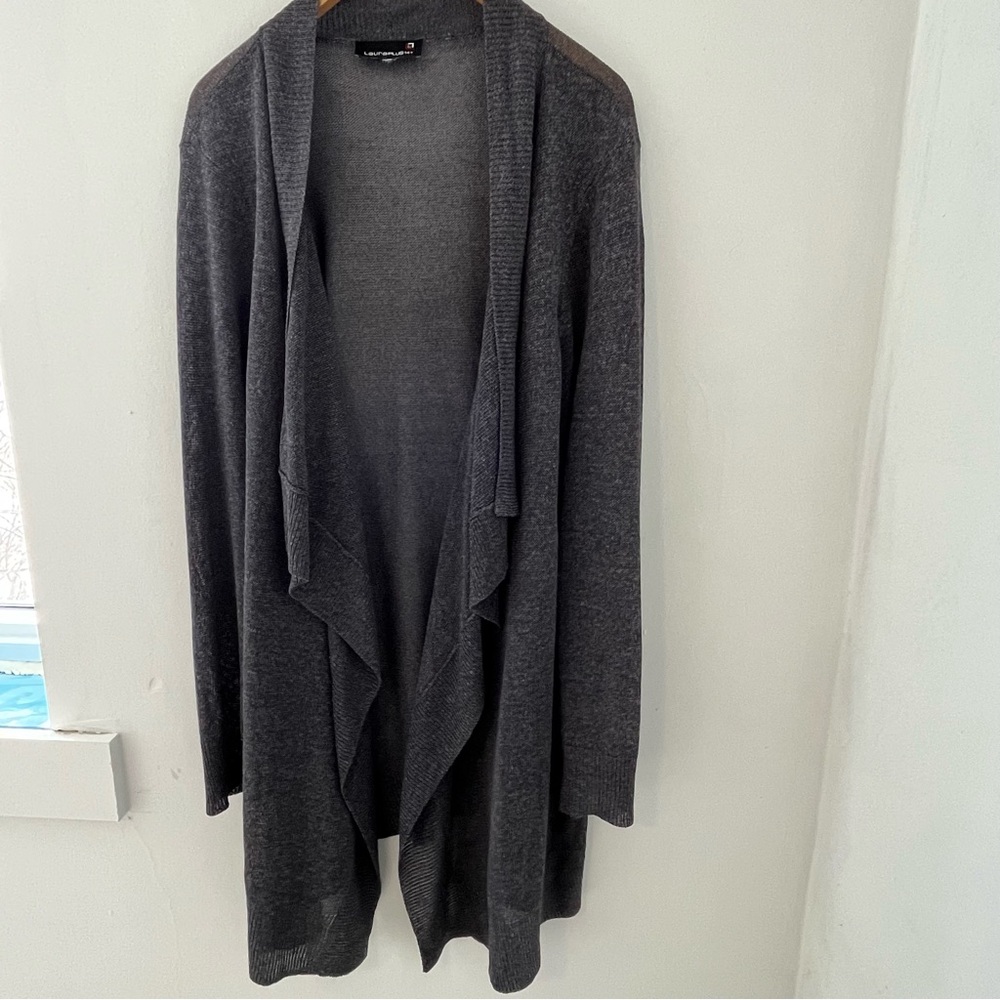Laura Plus Sophisticated Cozy Fall Dark Gray Linen Blend Open Front Cardigan